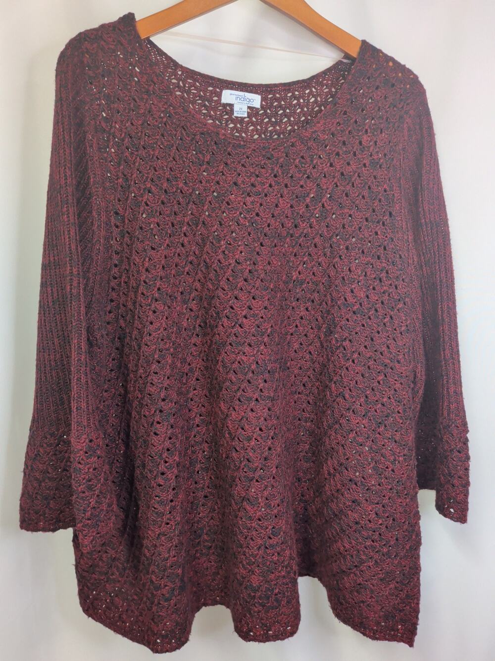 Boho Indigo Three-Quarter Sleeve Crochet Sweater in Black & Red Size 2X